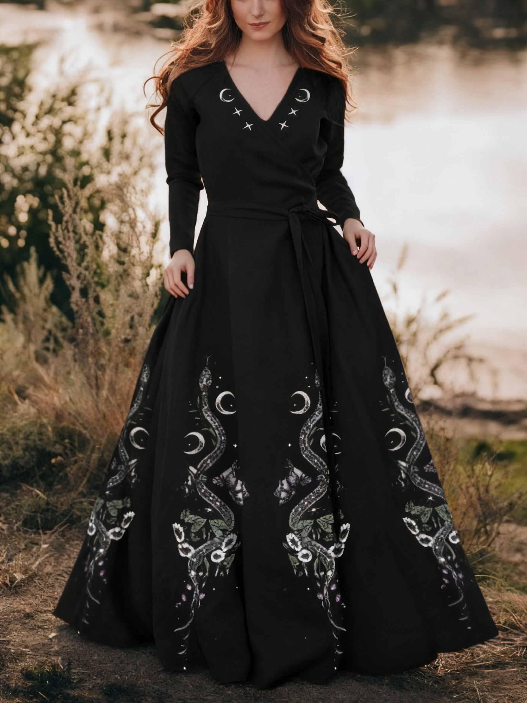 Silver Snake Luna Bats Plants Printed V-neck Maxi Dress