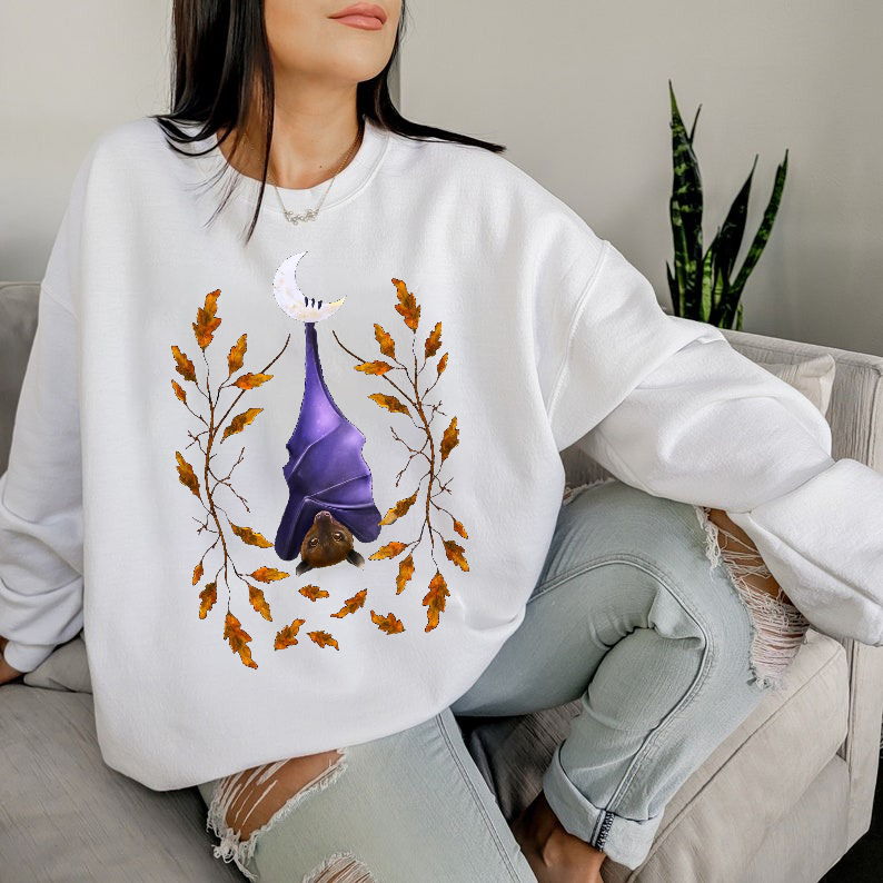 Upside-down Bat Moonlit Night Graphic Casual Pullover