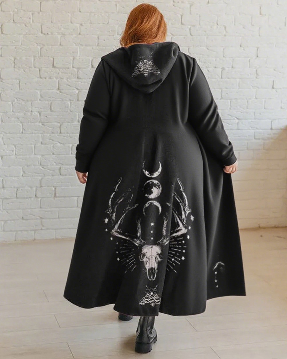 Death Deer Skull Moon Phase Printed Plus Size Cardigan Coat