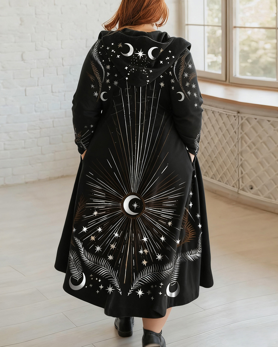 Solar Luna Lighting Universe Printed Hoodie Plus Size Cardigan Dress