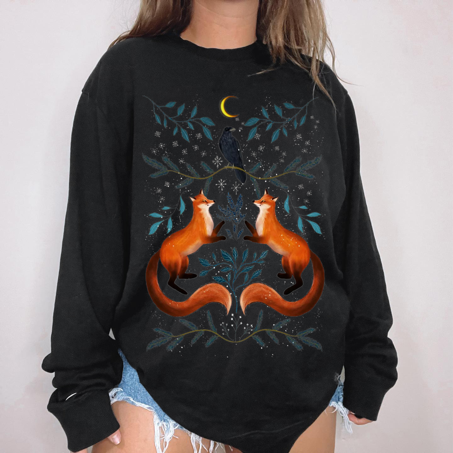 Fox Crow Moonlight Night Printed Casual Pullover