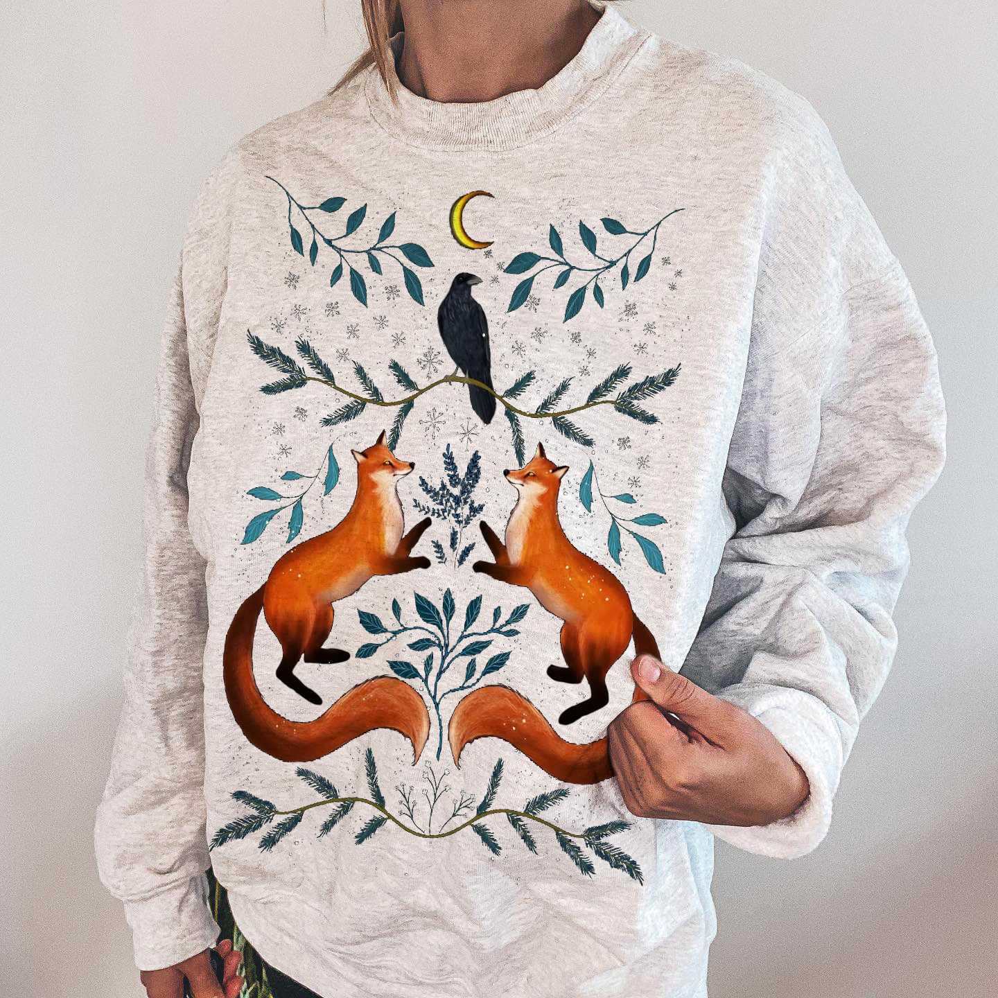 Fox Crow Moonlight Night Printed Casual Pullover
