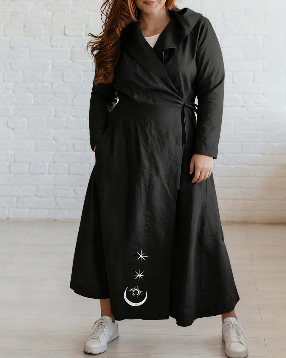 Moon Phase Starry Bat Printed Hoodie Plus Size Cardigan Dress