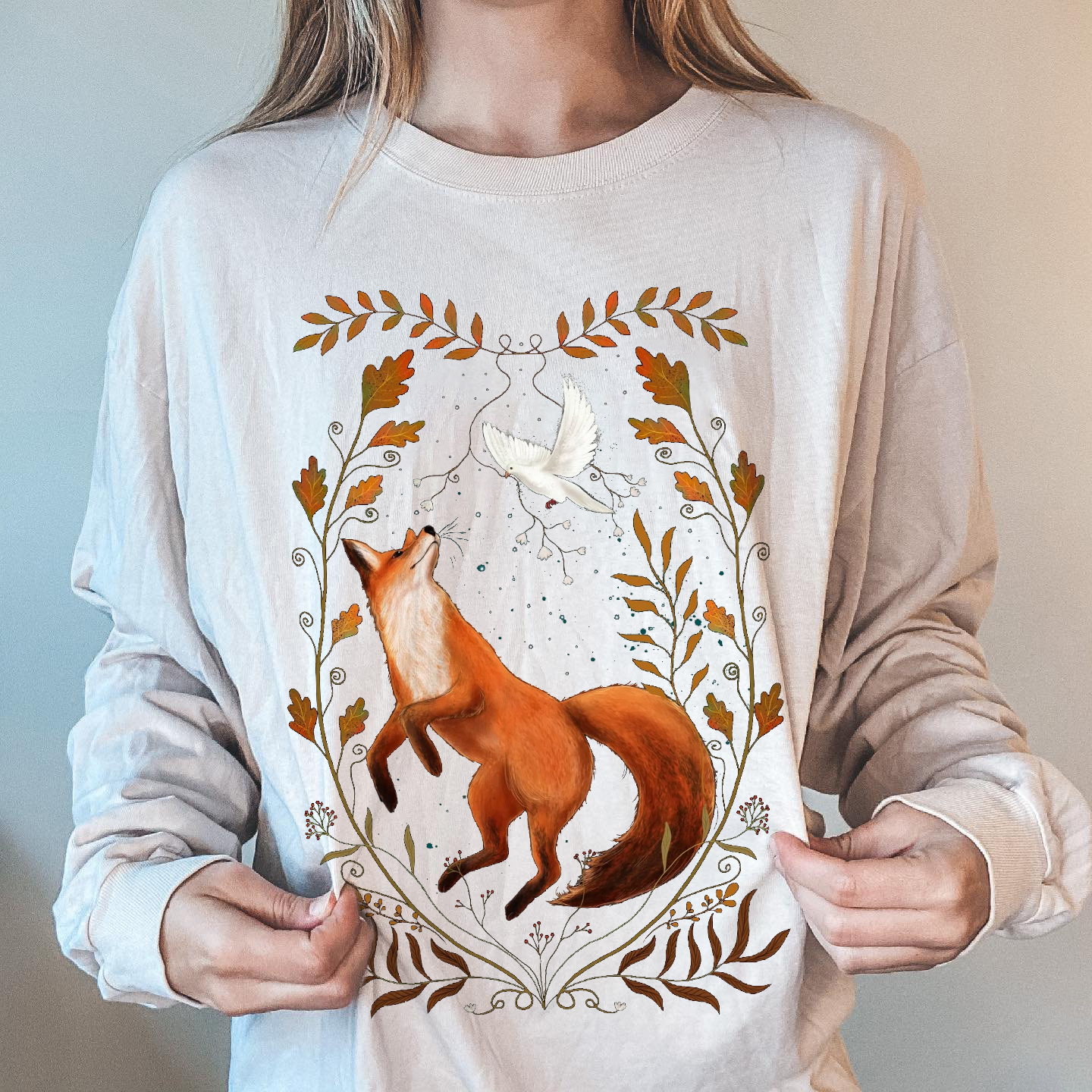 Autumn Fox Chasing White Pigeon Printed Casual Pullover