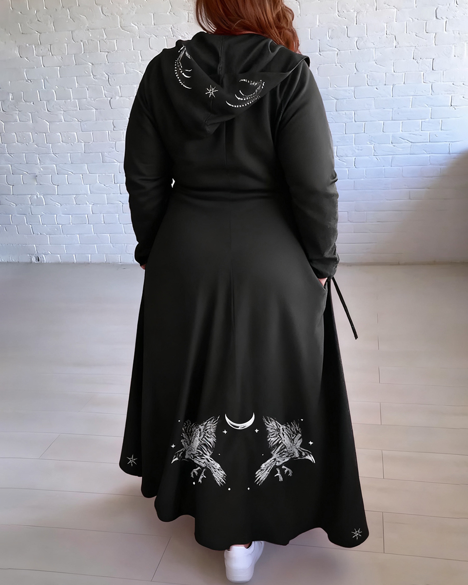 Mystic Luna Crows Hexagrams Printed Hoodie Plus Size Cardigan Dress