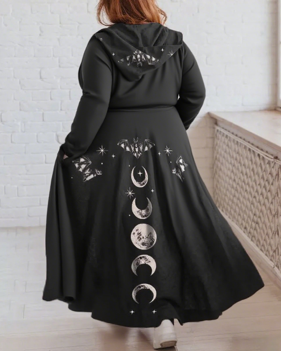 Moon Phase Starry Bat Printed Hoodie Plus Size Cardigan Dress