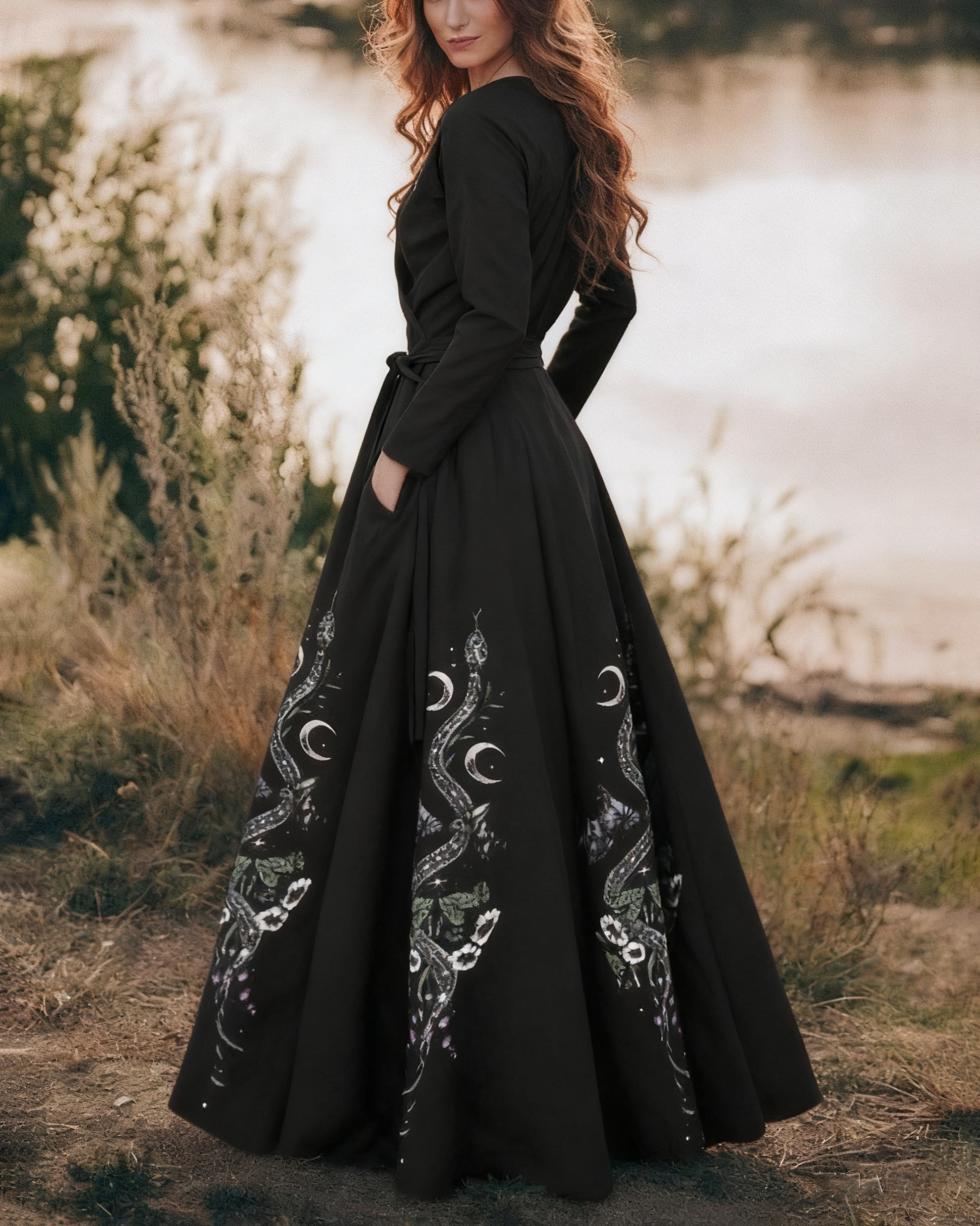 Silver Snake Luna Bats Plants Printed V-neck Maxi Dress