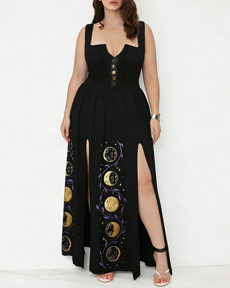 Mysterious Moon And  Fern Pattern Print Slit Dress