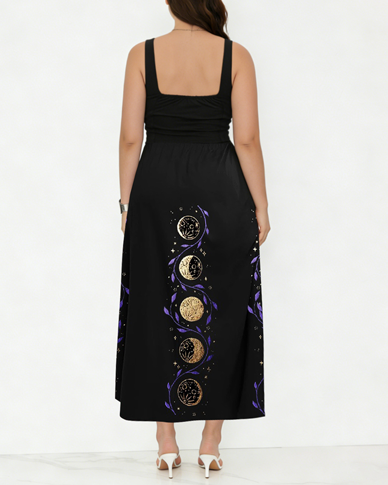 Mysterious Moon And  Fern Pattern Print Slit Dress