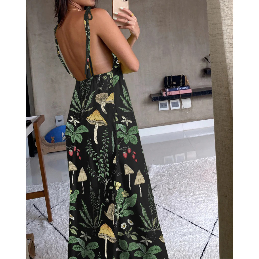 Yellow Mushroom Plants Printed V-neck Dress