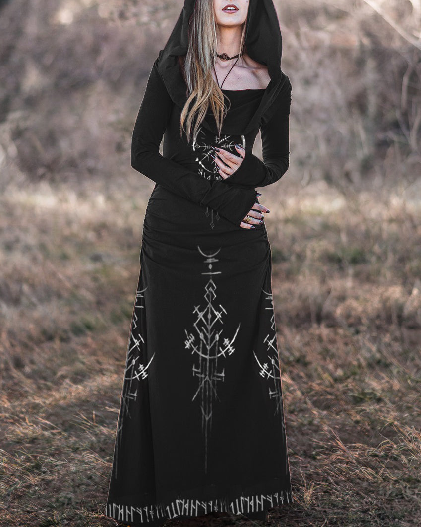 Maxikleid Mit Retro-Wikinger Hooded Long Sleeve Dress