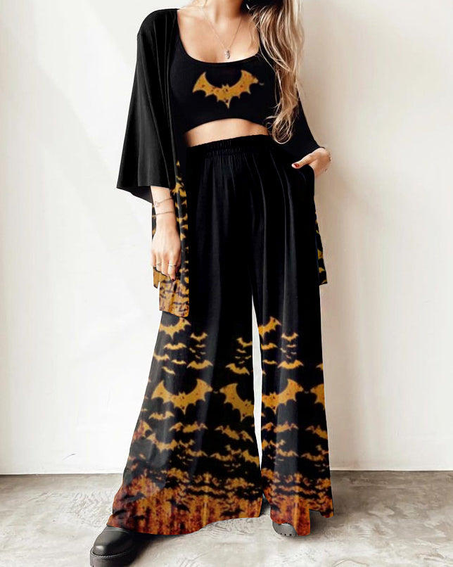 Reborn from the Ashes Bat Pattern Print Positioning Print Halloween Three-piece Set