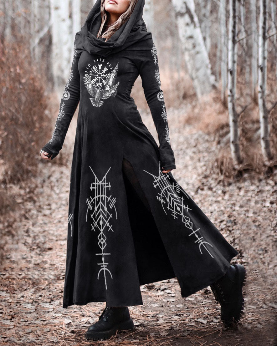 Vintage Tribal Eagle Viking Ethnic Pattern Hooded Slit Maxi Dress