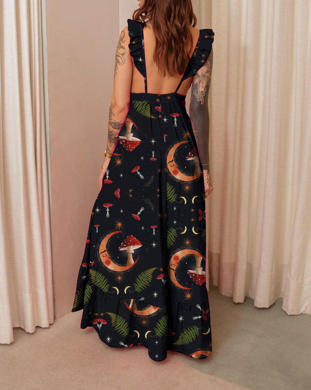 Black Moon Mushroom Print Backless Slip Dress