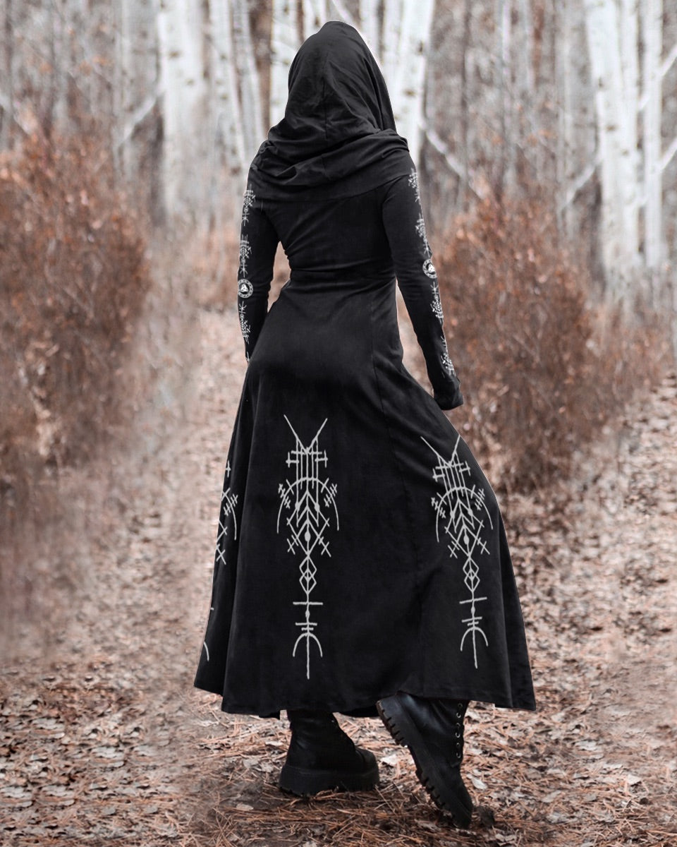 Vintage Tribal Eagle Viking Ethnic Pattern Hooded Slit Maxi Dress