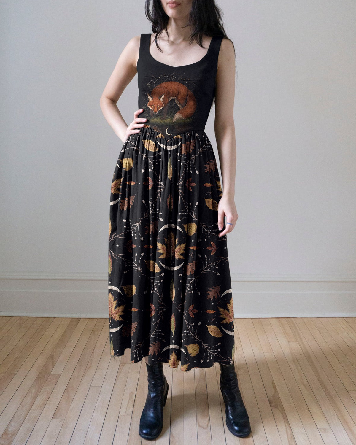 Retro Fox Moonlit Night Fantasy Printed Midi Dress