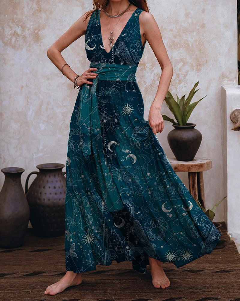 Undersea Fish And Constellation Print Slip Backless Dress