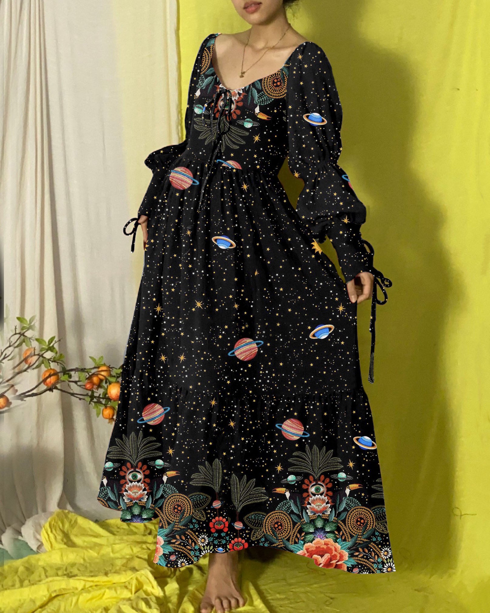 Amazing Planet Universe Print Petite V-neck Smock Dress