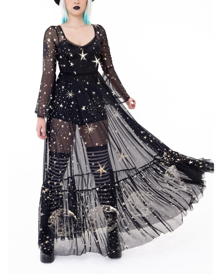 Ancient Moon Goddess Star Pattern Print Chiffon Long Sleeve Dress