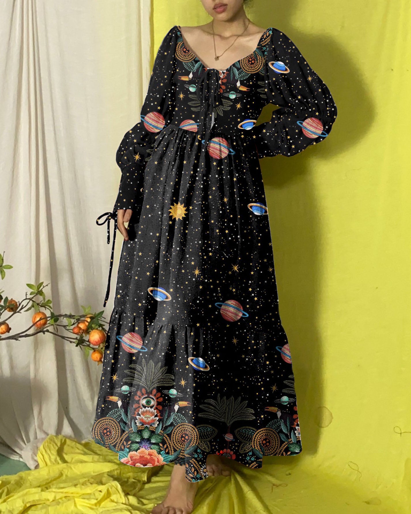 Amazing Planet Universe Print Petite V-neck Smock Dress