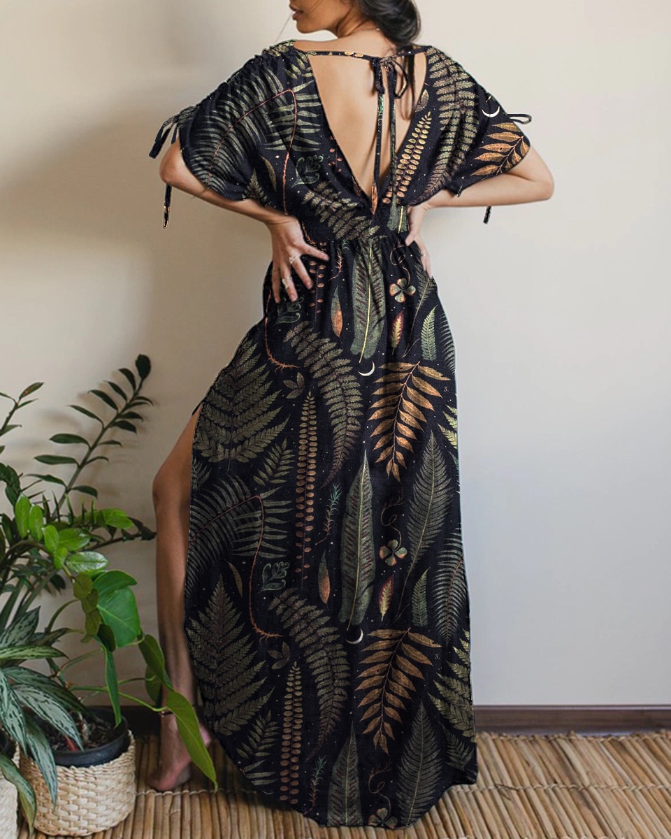 Mystery Forest Fern Printed Drawstring Maxi Dress