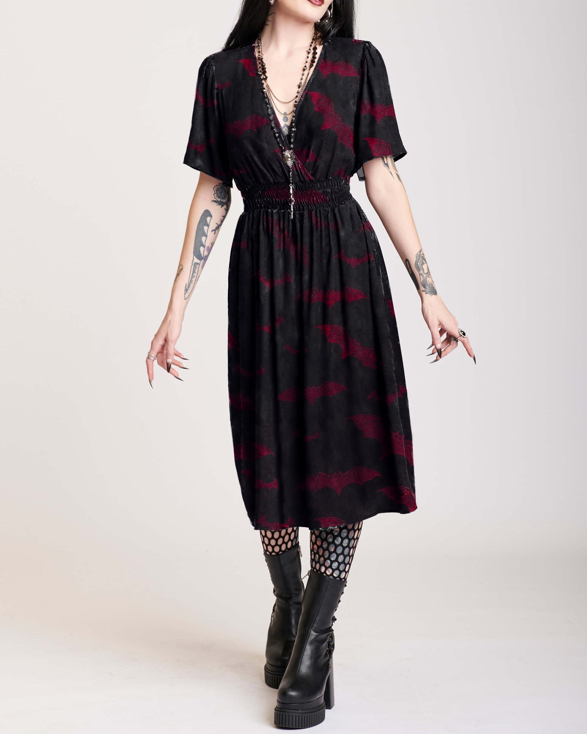 Dark Black Style Red Bat Family Print Casual Dress