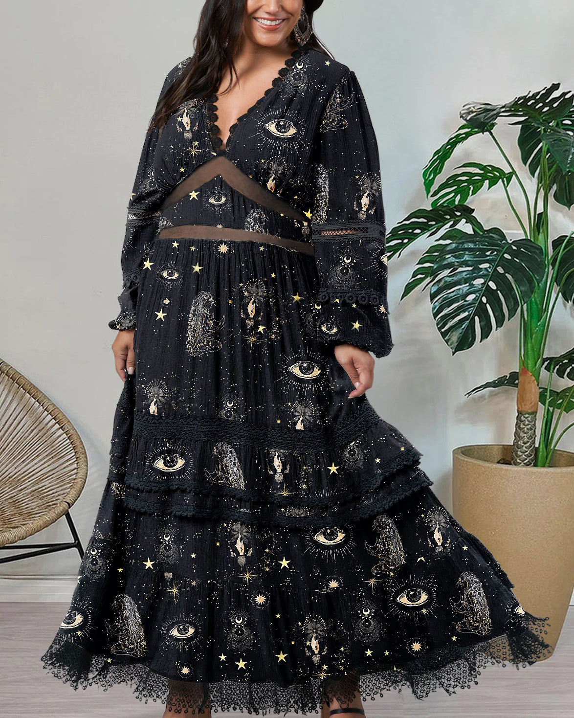 Eye of the Moon and the Goddess of Constellations  Print  Chiffon Waist Plus Size Dress
