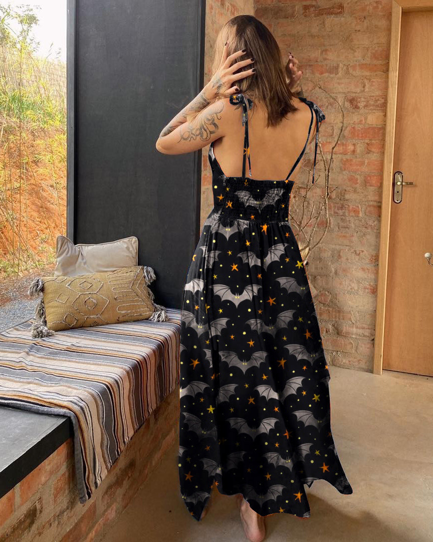 Funny White Bat and Star Print Strap Dress