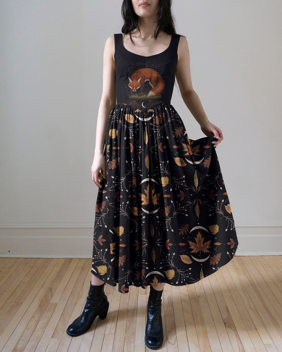Retro Fox Moonlit Night Fantasy Printed Midi Dress