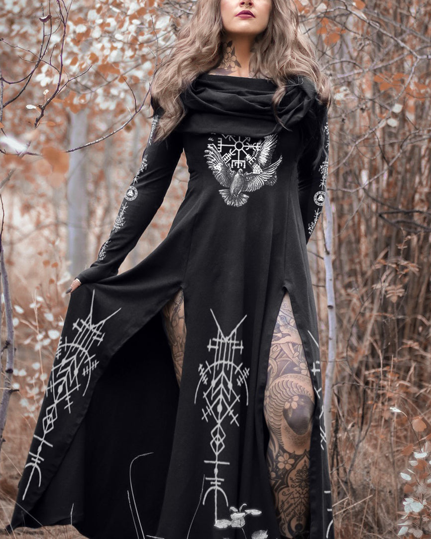 Vintage Tribal Eagle Viking Ethnic Pattern Hooded Slit Maxi Dress