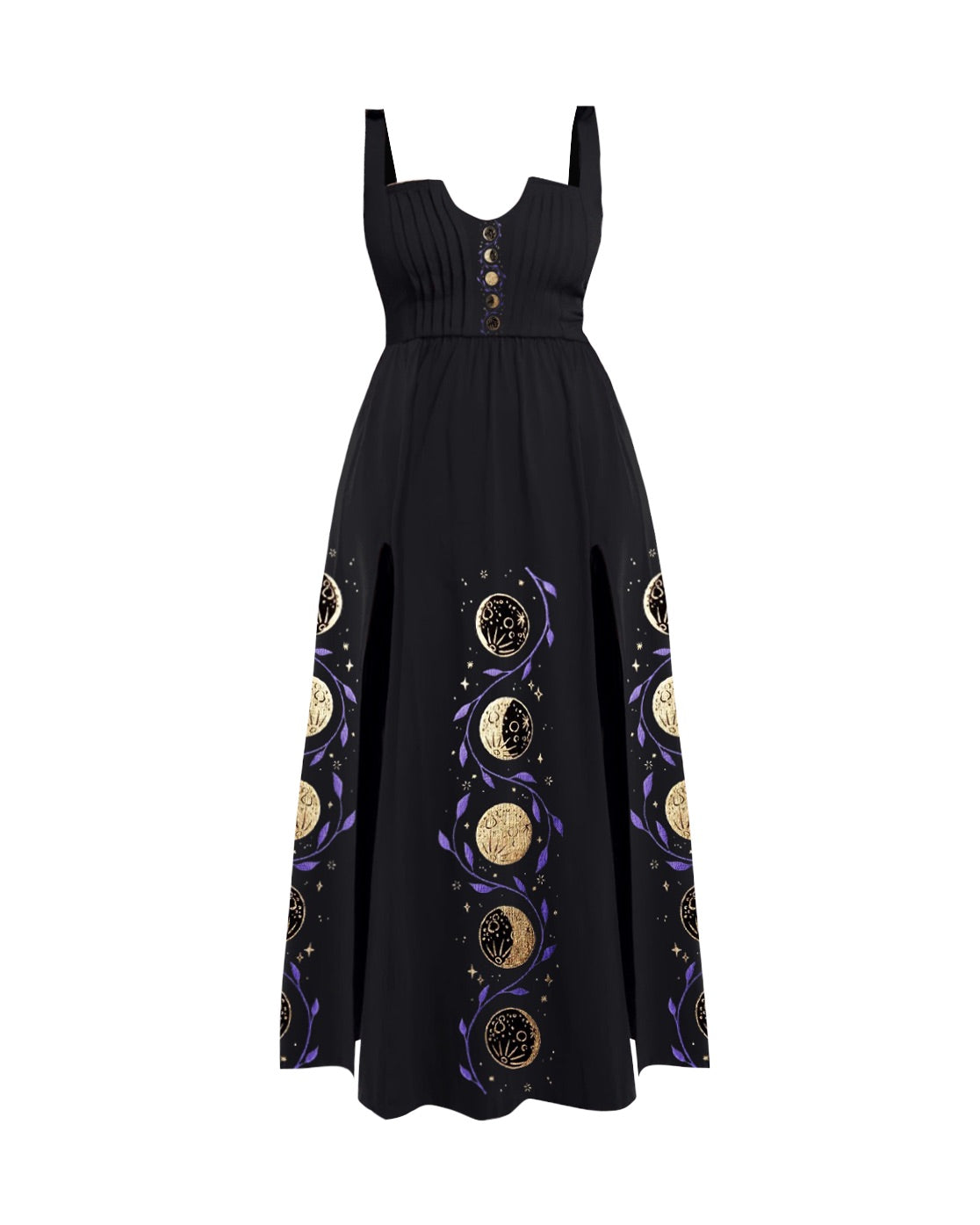Mysterious Moon And  Fern Pattern Print Slit Dress