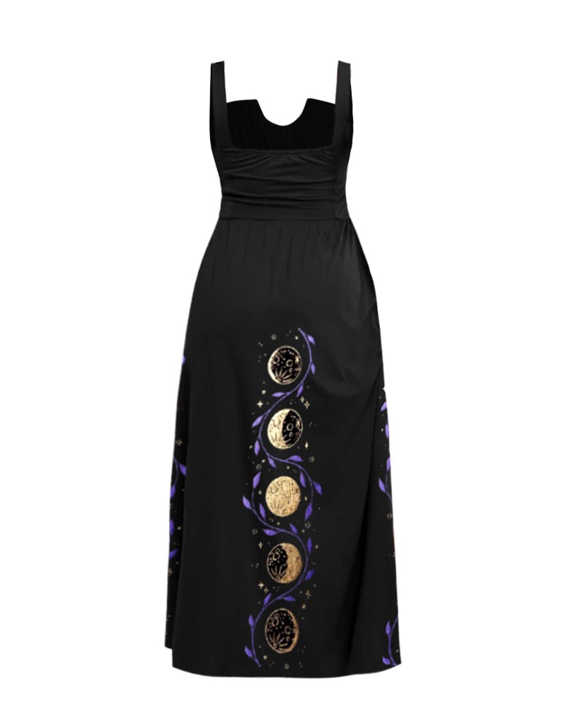 Mysterious Moon And  Fern Pattern Print Slit Dress