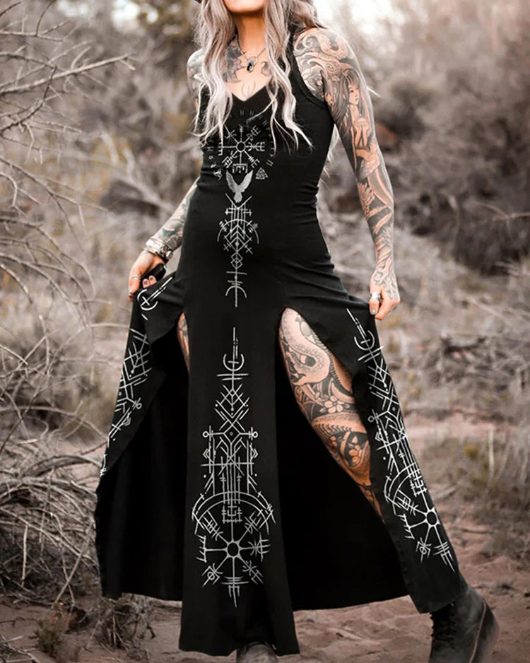 Retro-Viking Graphic Print Positioned Print Slit Dress
