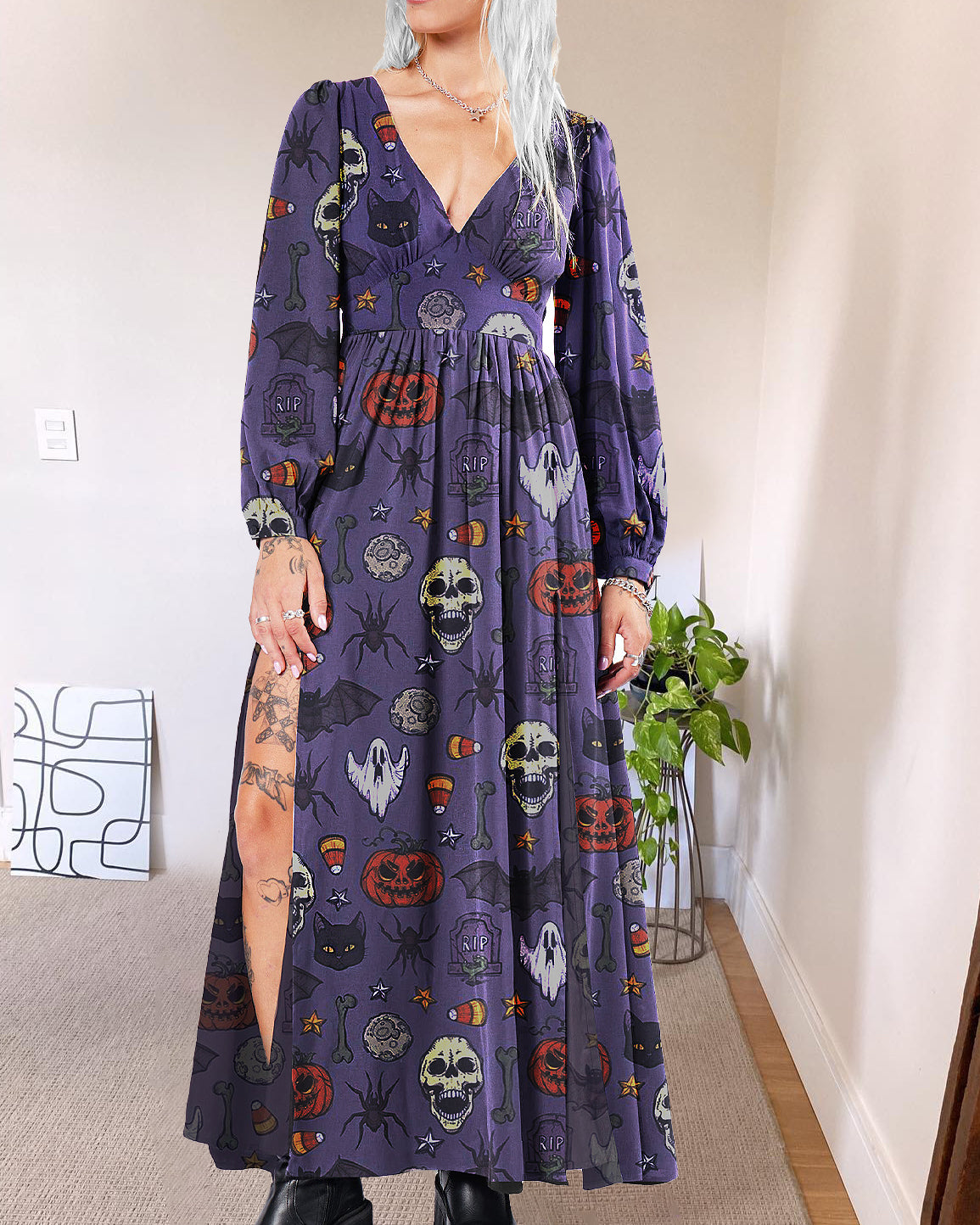 Purple Wonderland Halloween Evil Spirits Print Long Sleeve Dress