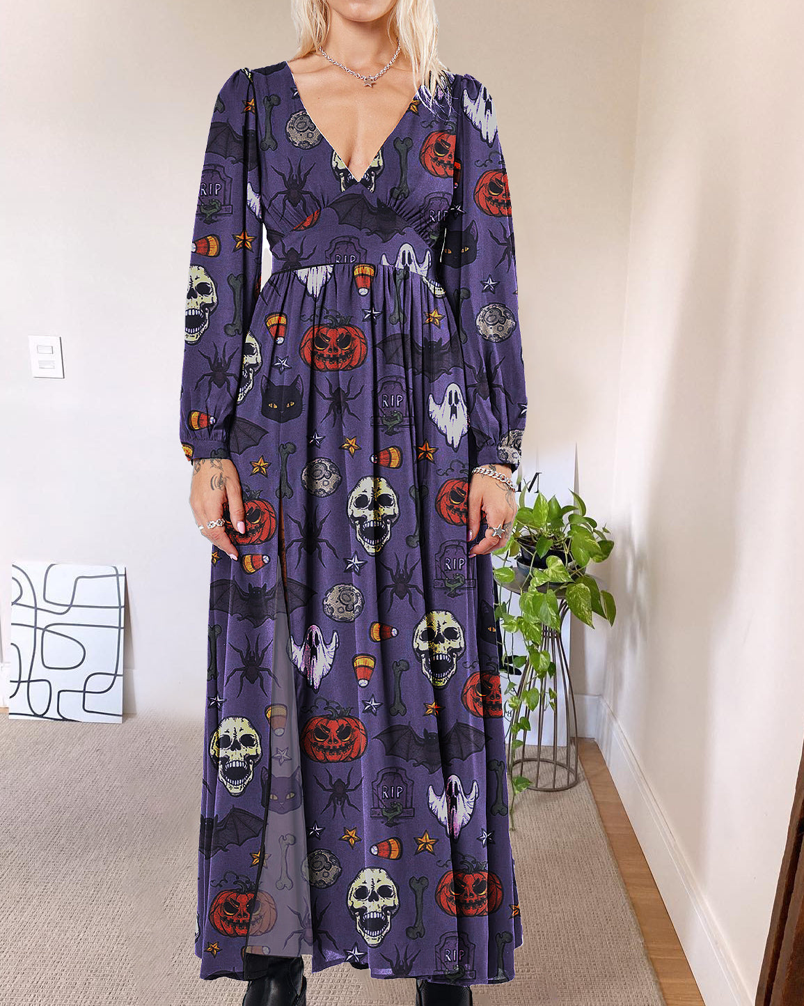 Purple Wonderland Halloween Evil Spirits Print Long Sleeve Dress