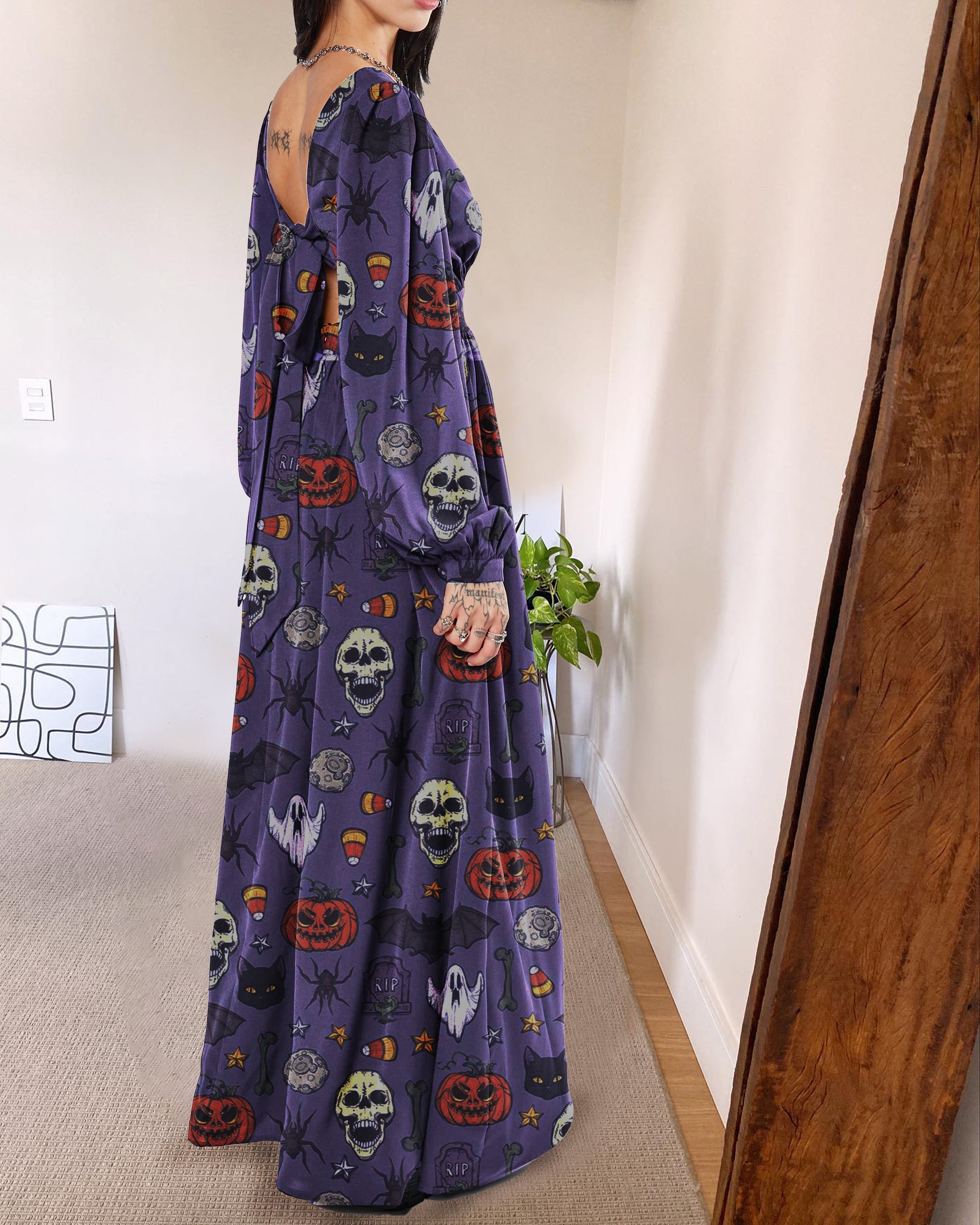 Purple Wonderland Halloween Evil Spirits Print Long Sleeve Dress