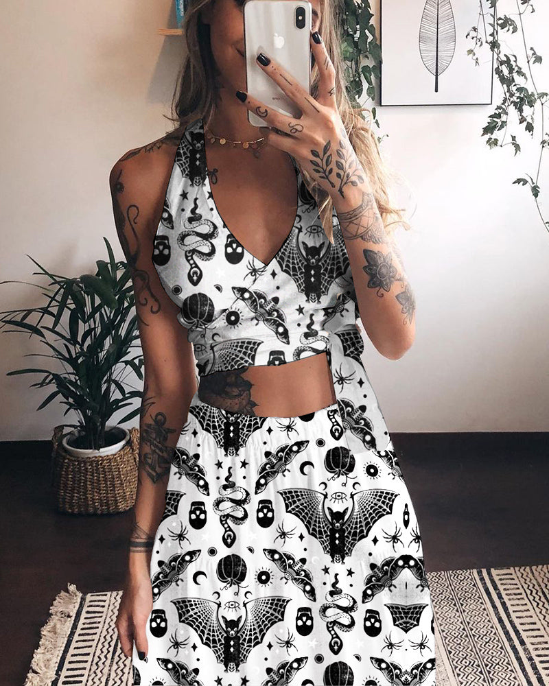 Animal World Snake and Bat Pattern Printed Sexy Two Piece Set