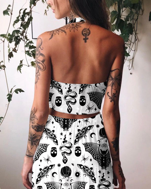Animal World Snake and Bat Pattern Printed Sexy Two Piece Set