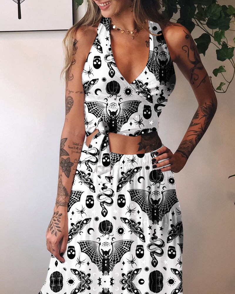 Animal World Snake and Bat Pattern Printed Sexy Two Piece Set