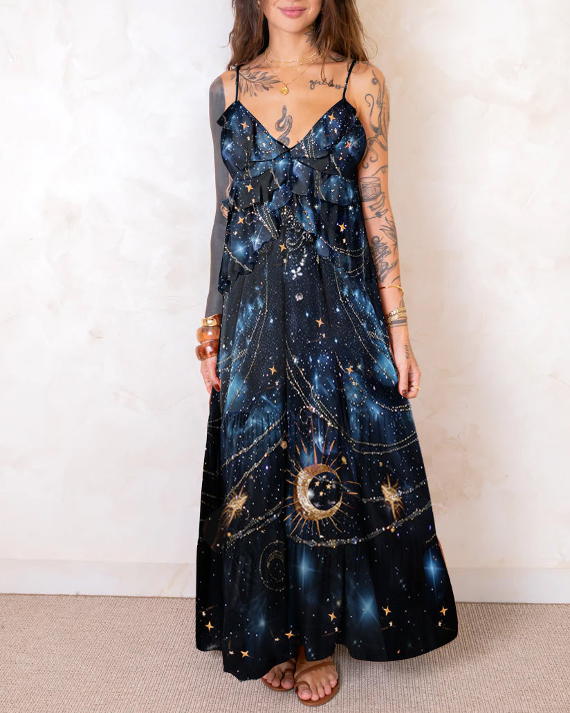 Undersea Starry Sky Gold Luna Gradient Pattern Printed Suspender Lace Midi Dress