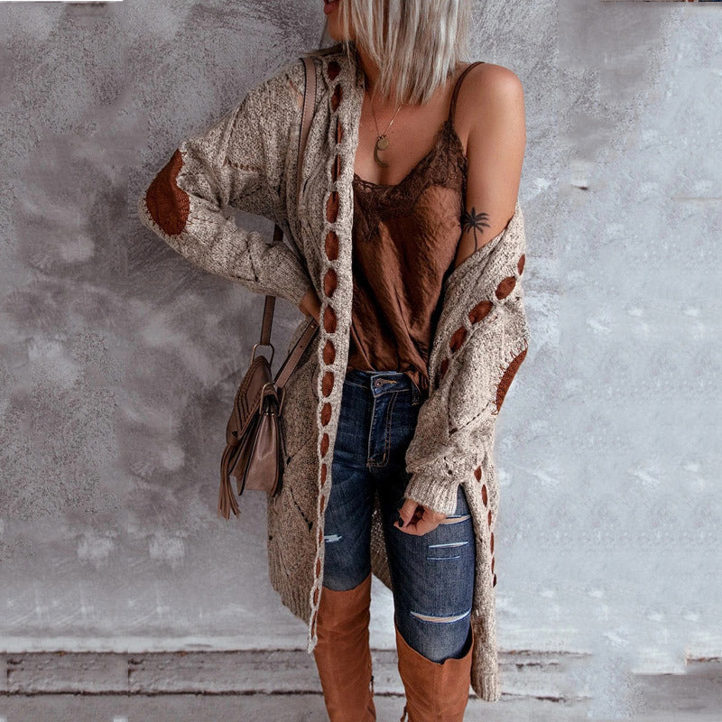 Hollow Stitching Casual Style Hooded Cardigan Sweater
