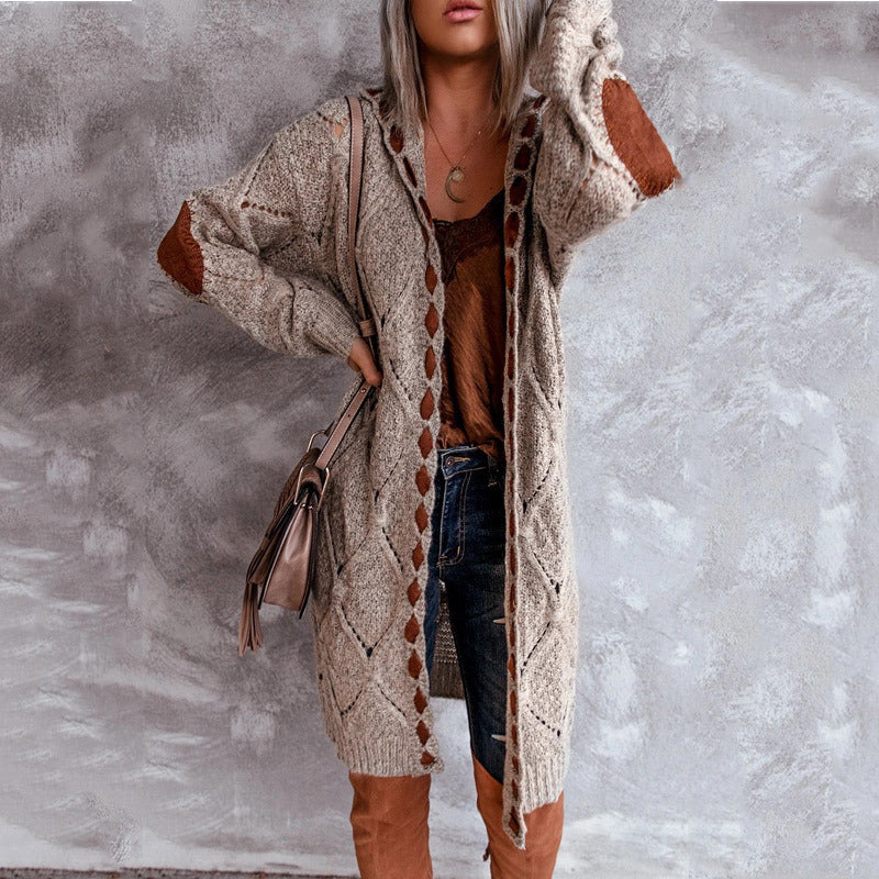 Hollow Stitching Casual Style Hooded Cardigan Sweater