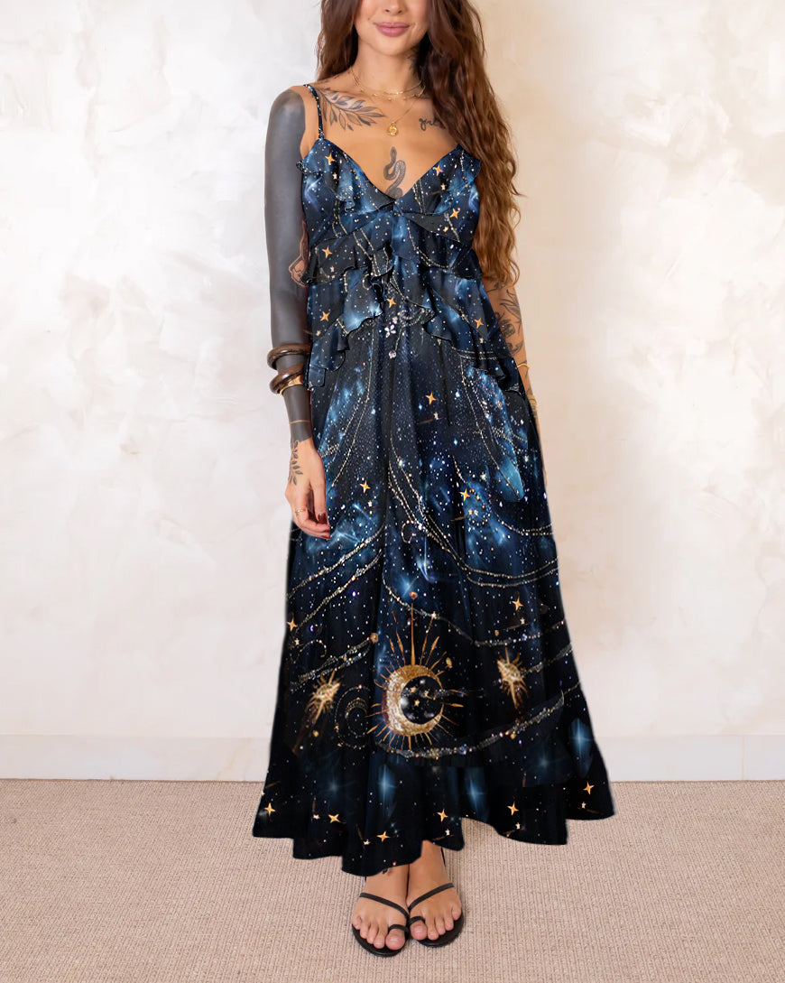 Undersea Starry Sky Gold Luna Gradient Pattern Printed Suspender Lace Midi Dress