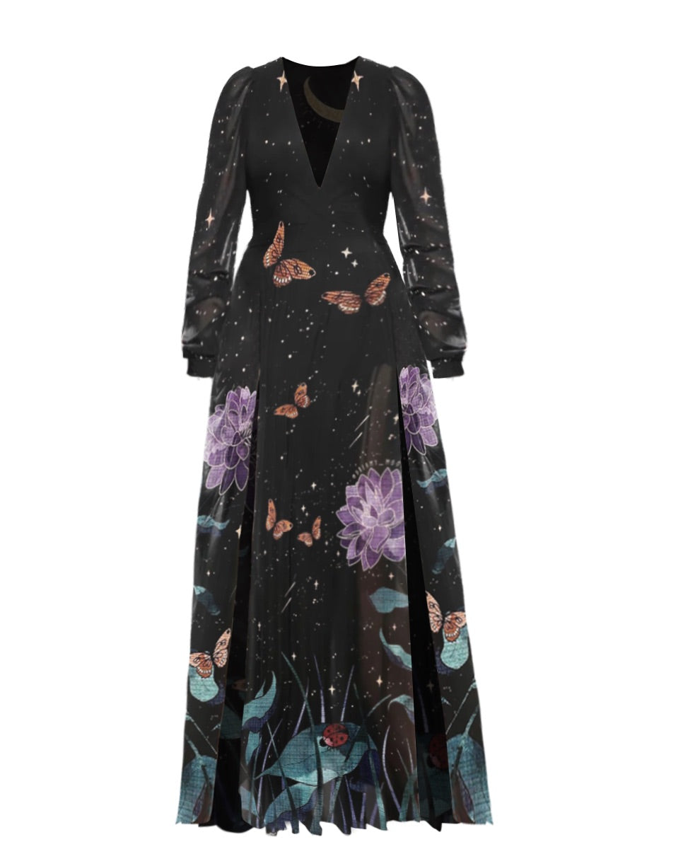 Soul-Purifying Lotus Wonderland and Butterfly  Pattern Print Chiffon Dress