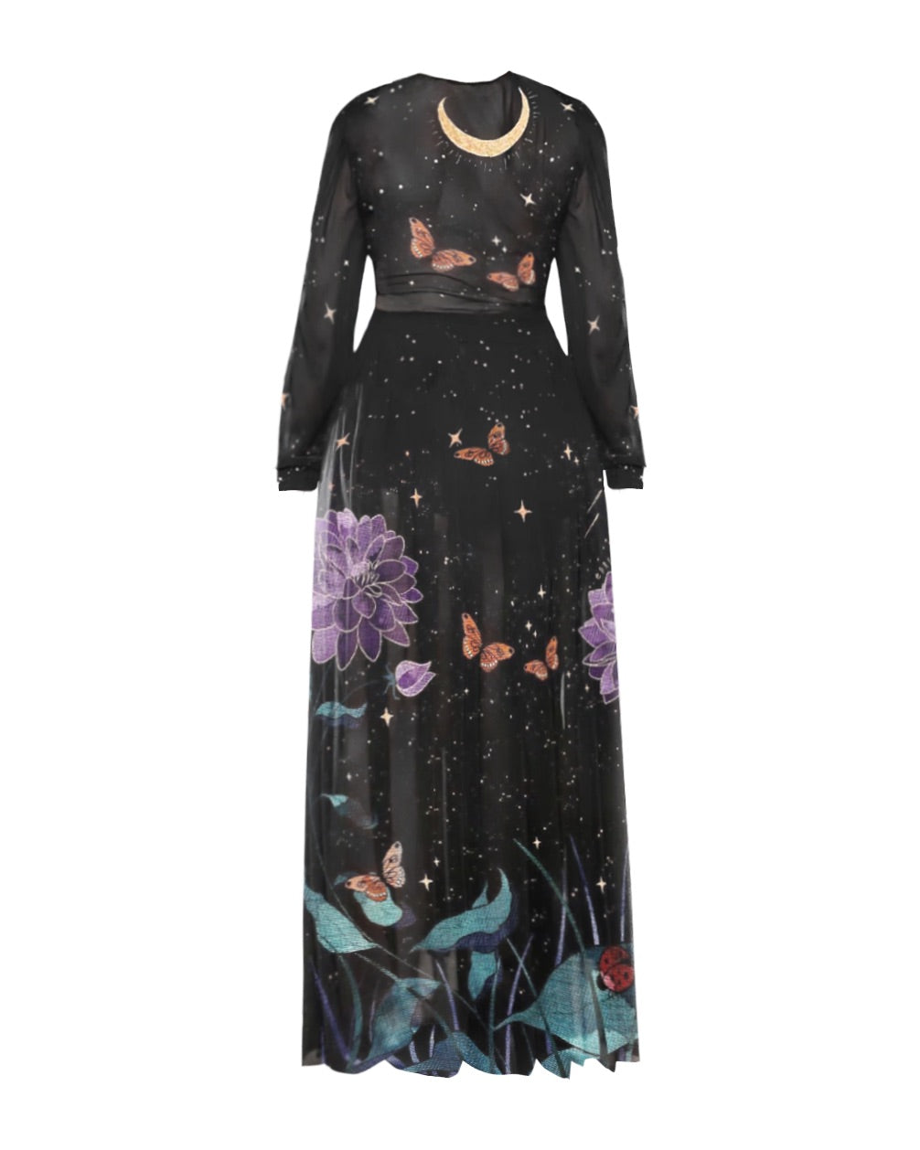 Soul-Purifying Lotus Wonderland and Butterfly  Pattern Print Chiffon Dress
