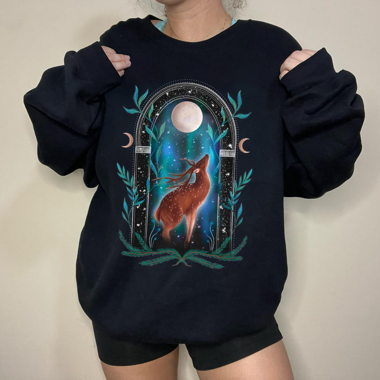 Sika Deer In A Starry Night Printed Casual Sweatshirt