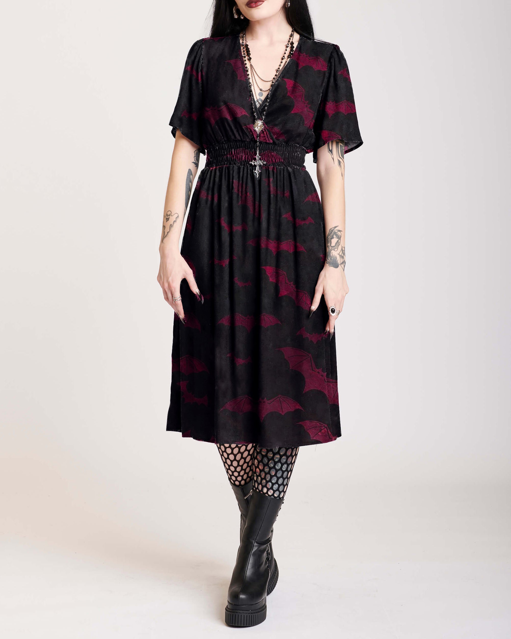 Dark Black Style Red Bat Family Print Casual Dress