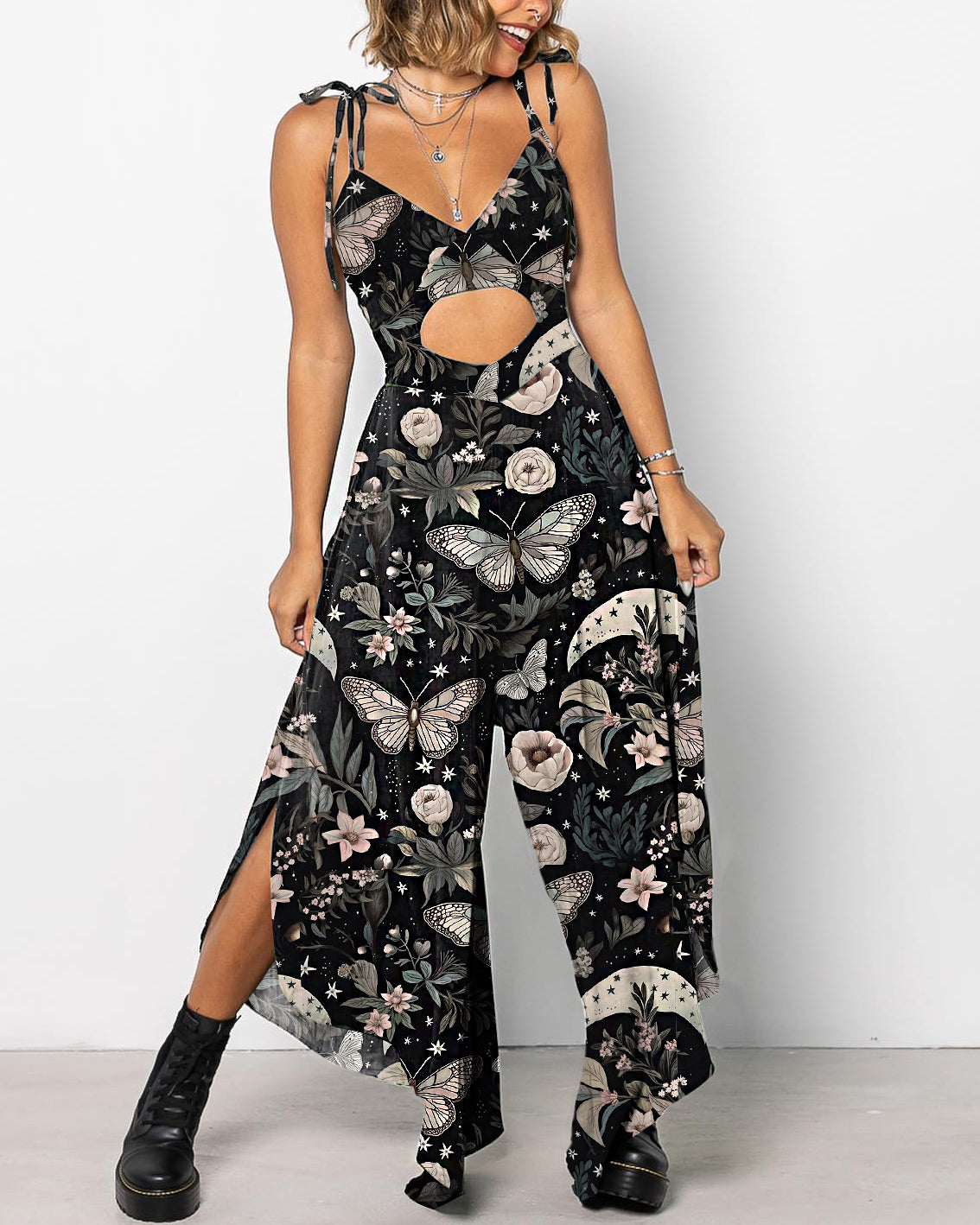 Mysterious Butterfly And Flower Print Cutout Lace-Up Jumpsuit