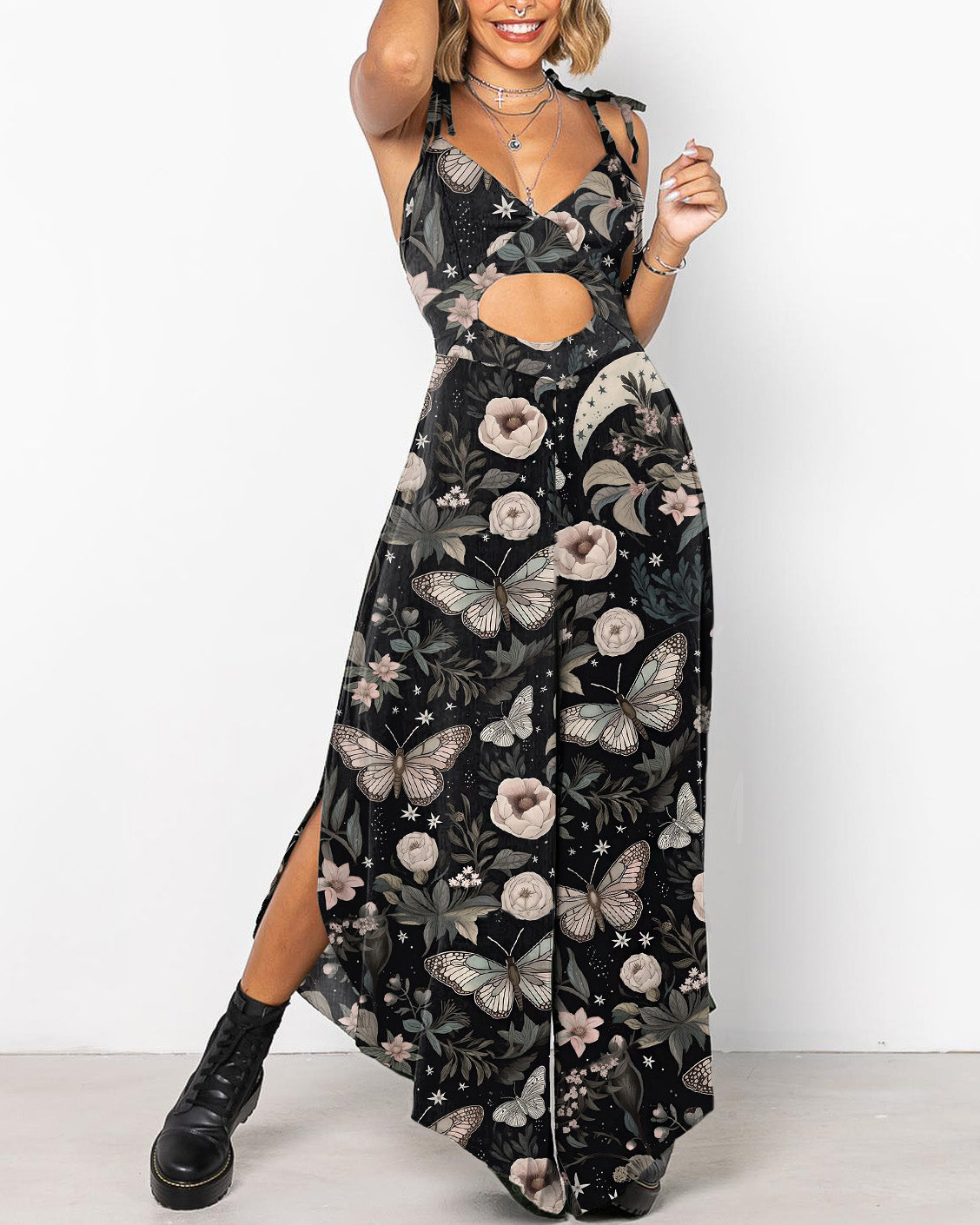 Mysterious Butterfly And Flower Print Cutout Lace-Up Jumpsuit