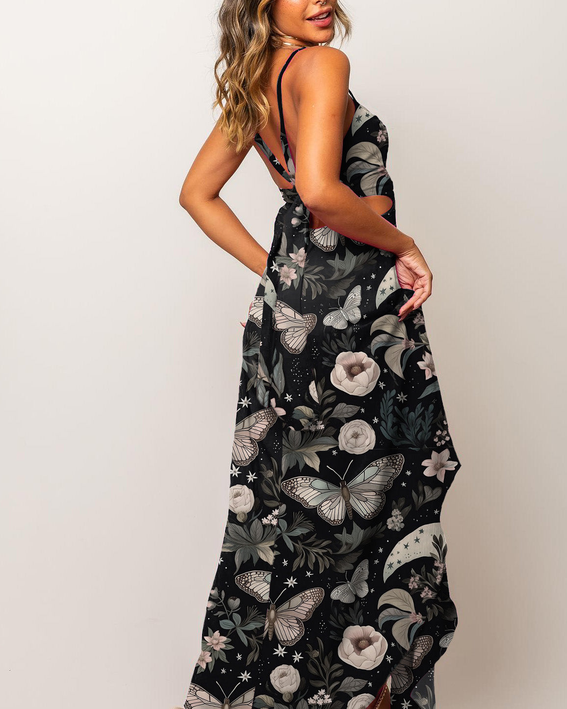 Mysterious Butterfly And Flower Print Cutout Lace-Up Jumpsuit